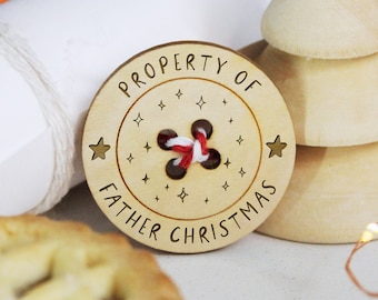 Father Christmas’ Lost Button, Property of Father Christmas, Christmas Eve Tradition, Xmas Stocking Filler, Wooden Santa’s Missing Button