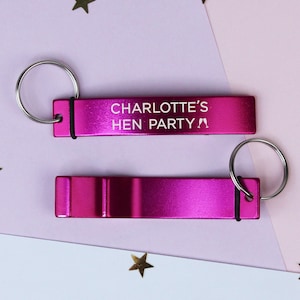 Pink Hen Party Bottle Opener Keyring, Personalised  Hen Party Favours, Hen Party Gift Bag Filler, Bridesmaids Gifts, Summer Hen Party