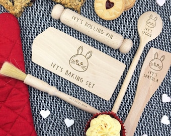 Children's Personalised Easter Baking Set, Wooden Baking Tools Utensils Kit, Mini Rolling Pin, Board, Mixing Spoon, Spatula & Pastry Brush