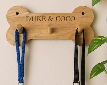Personalised Dog Lead Holder | Wooden Dog Leash Hanger with 3 Hooks | Bone Shaped Dog Lead Hook Sign | Pet Lover Gift, Custom Pet Name