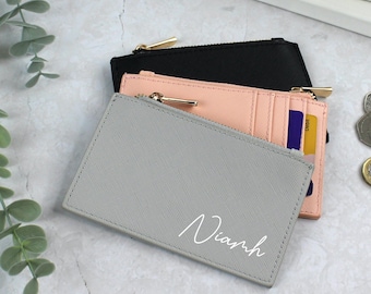 Personalised Handbag Purse & Card Holder | Small Women’s Wallet with Name | Minimalist Slim Coin Purse in Pink, Grey or Black Gift for Her