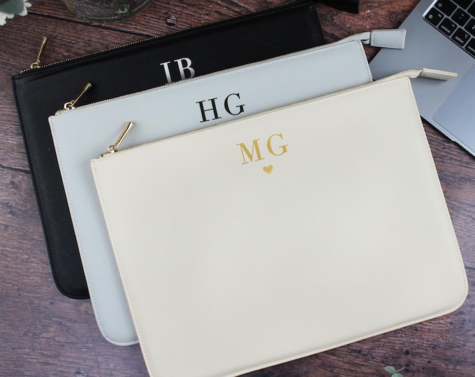 Personalised Laptop Case, PU Leather Laptop Sleeve with Initials, 11" Zipped Laptop Cover, Slim Monogrammed Computer Cover, Corporate Gift
