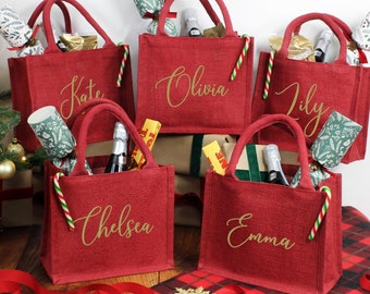 Personalisierte Weihnachtsgeschenk Tasche, Rote Weihnachtsfeier Tasche, Kleine Weihnachts Jute Tasche, Weihnachtsgeschenk Einkaufstasche, Feiertagsgeschenktaschen, Weihnachtssack