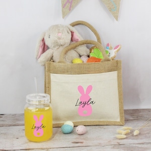 Easter Basket Jute Bag with Matching Tumbler & Straw, Easter Egg Basket, Bunny Tail Bag / Cup Set, Child's Easter Gift, Kids Easter Egg Bag