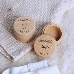 Personalised First Tooth and Curl Set, Babys First Gift, New Baby, Christening Gift, Baby Shower, Wooden Engraved Trinket Box, Baby Haircut image 1