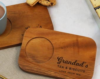 Personalised Grandad Tea & Biscuits Board, Custom Acacia Wood Engraved Snack Board, Gift for Grandad Birthday, Birthday or Christmas Gift