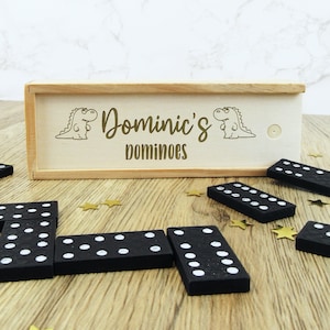 Gepersonaliseerde houten dominosteenspel met milieuvriendelijke doos, kerstavonddoos / kousvuller voor kinderen, kinderen, familiefeestspellen