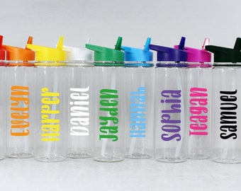 Personalised Water Bottle with Straw & Coloured Lid Custom Name Drinks Bottle Christmas Gift Kids Water Bottle for Nursery Girls Boys