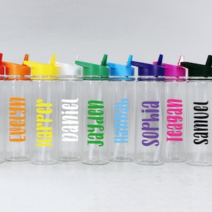 Personalised Water Bottle with Straw & Coloured Lid Custom Name Drinks Bottle Christmas Gift Kids Water Bottle for Nursery Girls Boys