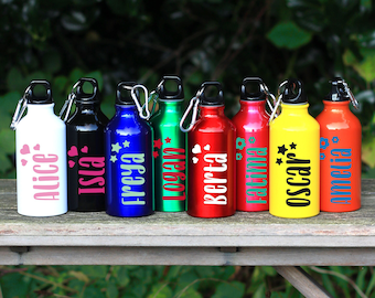 Gourde de sport personnalisée en métal pour enfants avec mousqueton 400 ml, Noël pour enfants, vinyle personnalisé, étoiles, coeurs, fleurs