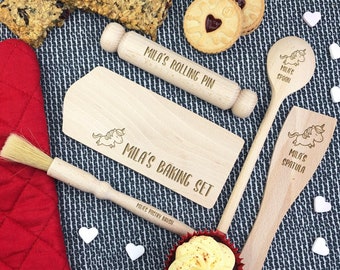 Children's Personalised Baking Set, Kids Mini Wooden Baking Tools Utensils Kit with Unicorn, Dinosaur, Robot, Monster, Narwhal or Rabbit