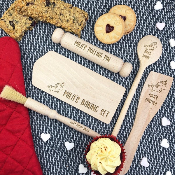 Children's Personalised Baking Set, Kids Mini Wooden Baking Tools Utensils Kit with Unicorn, Dinosaur, Robot, Monster, Narwhal or Rabbit