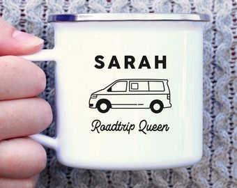 May include: White enamel mug with a black outline of a van and the text "SARAH Roadtrip Queen".