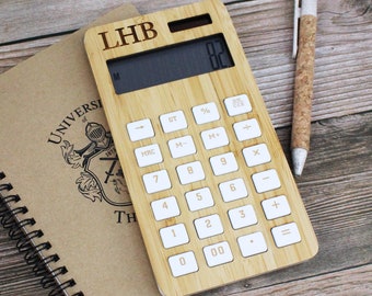 Personalised Wooden Calculator with Initials, Monogrammed Desk ABS Calculator, 12 Digit Display for Home, Office, School, College Stationary