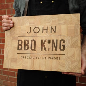 Large Personalised BBQ King Chopping Board Wooden End Grain Butchers Block, King of The Grill, Funny Barbecue Cooking Gift, BBQ Gift for Him