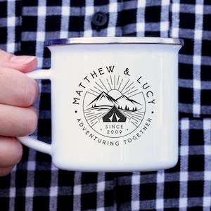 Personalised Wedding Gift Mountain Enamel Mug, 13oz Adventure Together Camping Cup, Engagement Newlywed Anniversary Gift, Couples Coffee Mug