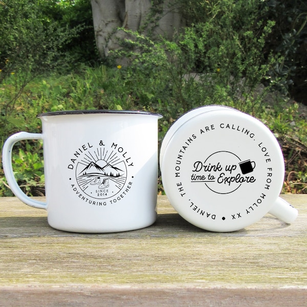 10th Anniversary Gift - Walking Boots Adventuring Together Camping Tin Enamel Mug, 10th Anniversary Gift, Personalised Couples Names & Date