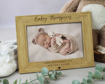 Personalised Baby Photo Frame, Newborn New Baby Picture Frame, Custom Engraved Birth Info, Baby Arrival Keepsake Gift, Wooden 4x6 Photograph
