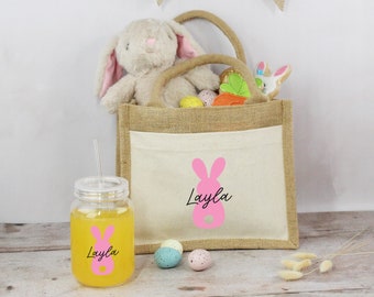 Easter Basket Jute Bag with Matching Tumbler & Straw, Easter Egg Basket, Bunny Tail Bag / Cup Set, Child's Easter Gift, Kids Easter Egg Bag