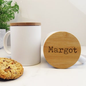 Engraved White Matt Finish Coffee Mug with a Personalised Bamboo Lid, 370ml Tea Cup, Hidden Message, Gift for Him, Her, Office Lidded Cup