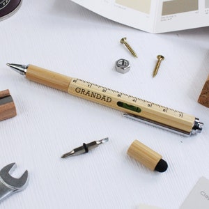 Any Name, Grandad's or Dad's 6 in 1 Wooden Multifunction Pen with Spirit Level Ruler Screwdriver & Stylus Gift for Dad, Grandad Father's Day