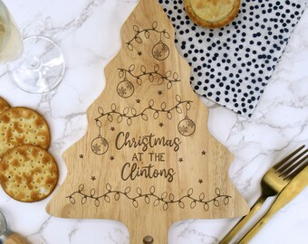 Personalised Christmas Tree Shaped Cheese Board, Wooden Cheese Plate, Christmas At The..Family Name, Wood Chopping Board, Xmas Cheeseboard