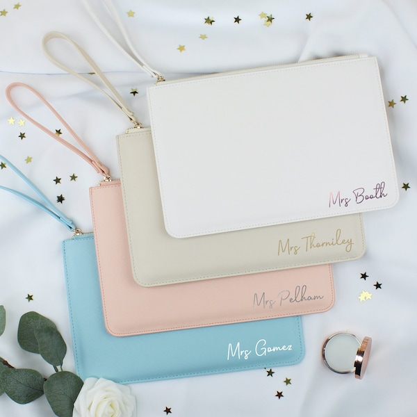 Personalised Mrs Clutch Bag for Bride to Be, New Married Name, Bridal Clutch Bag, Bride Handbag, Wedding Day Bag, Honeymoon, Hen Party Gift