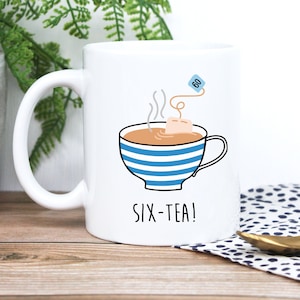 Printed Coffee Mug &quot;SIX-TEA&quot; Design, Dad 60th Birthday Gifts for Men, Him, Sixtieth Grandad, Husband, Friend 350ml Cup, Tea Lover Gift