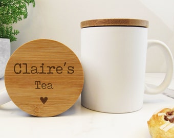 Personalised Lidded Tea Mug, White Matt Finish Cup with Engraved Wooden Lid, Tea, Earl Grey Lover, Gifts for Him, Her, Office, Teacher Gift