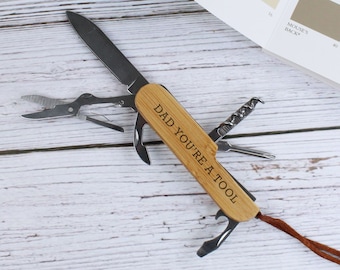 Personalised Wooden Multitool Grandad Fathers Day Gift Daddy DIY Essentials Birthday Gifts 9 Features Engraved Multi Tool with Any Text