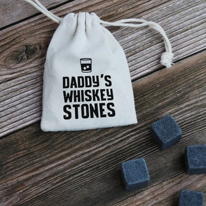 Personalised Dad&#39;s Whiskey Stones in Drawstring Bag Grandad Fathers Day Gift 4 Soapstone Ice Cubes Birthday Gift for Men Daddy Whiskey Lover