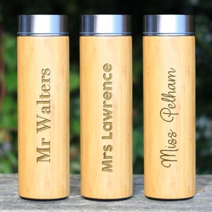 Personalised Eco Bamboo Teacher Travel Flask, 500ml Insulated Drinks Bottle, Coffee Cup Mug, Teacher Gift, Thank You Teacher Appreciation