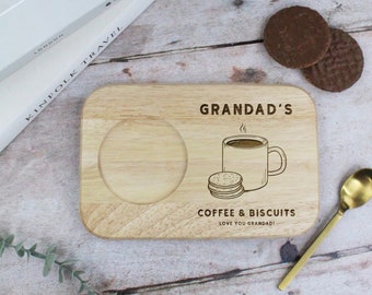 Grandad’s Coffee & Biscuit Board, Personalised Engraved Wood Treat Tray, Father's Day Gift for Grandad, Grandpa, Birthday Gifts for Him