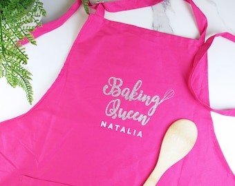 Baking Queen Pink Apron, Personalised with Gold or Silver Glitter, Baking Gift for Her, Cotton Christmas Apron, Custom Made with Your Name