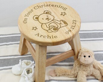 Taburete de madera personalizado para niños en su silla de bautizo Nombre y fecha Regalo de bautizo para hija Hijo Ahijado Ahijado Ahijado