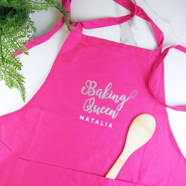 Baking Queen Pink Apron, Personalised with Gold or Silver Glitter, Baking Gift for Her, Cotton Christmas Apron, Custom Made with Your Name