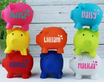 Children's Personalised Piggy Bank, Colourful Kids Money Box, Custom Vinyl, Stars, Hearts, Flowers, Any Name Customised, Nursery Decor