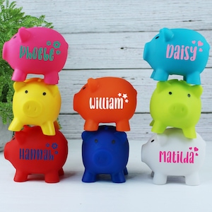 Children's Personalised Piggy Bank, Colourful Kids Money Box, Custom Vinyl, Stars, Hearts, Flowers, Any Name Customised, Nursery Decor image 1