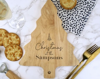 Personalised Christmas Tree Shaped Cheese Board, Wooden Cheese Plate, Christmas At The..Family Name, Wood Chopping Board, Xmas Cheeseboard