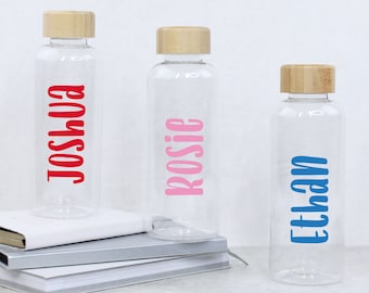 Personalised 600ml Clear Water Bottle Back to School Bottle Childs Name Bottle Reusable Girls Boys Drinks Bottle with Wooden Lid