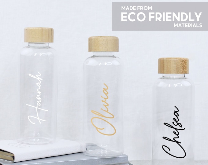 Personalised Clear Water Bottle with Name 600ml Made from Recycled Plastic with Bamboo Wooden Screw Cap Lid, Ladies Work Gym Bottle