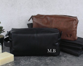 Father's Day Gift for Him, Personalised Men's Wash Bag with Strap in Black, Tan Brown PU Leather Toiletry Bag for Men with Any Initials