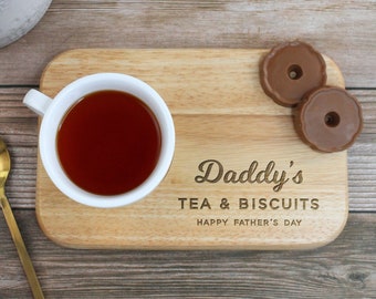 Dad's Tea & Biscuit Board, Engraved Wood Treat Tray, Personalised Happy Father's Day Gift for Daddy, Grandad, Grandpa Tea Lover Gift for Dad