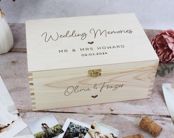 Boîte à souvenirs de mariage personnalisée, boîte à souvenirs en bois avec nom et date de M. et Mme, cadeau souvenir de mariage, boîte de rangement pour souvenirs sentimentaux