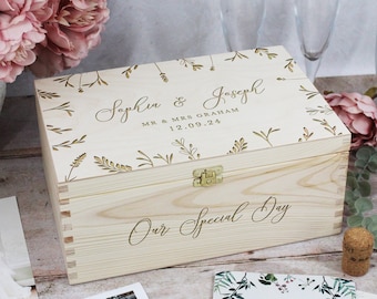 Personalised Wooden Wedding Memory Box with Mr and Mrs, Couples Names & Date, Wedding Keepsake Gift, Large 30cm Memorabilia Storage Box