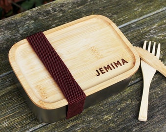 Personalised Metal and Wood Lunch Box with Engraved Wooden Bamboo Lid Eco Friendly, Custom Name Back To School, Work Lunch Box Travel
