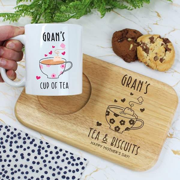 Personalised Grandma's Tea & Biscuits Board with Coffee Mug Option, Wood Treat Board, Mother's Day, Birthday Gifts for Granny, Nana, Mum