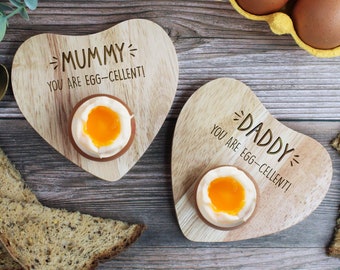 Set of 2 You Are Egg-cellent Heart Egg Cups, Small Personalised Wood Breakfast Serving Board For Mummy, Daddy, Grandma, Grandad, Mum, Dad