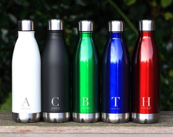 Personalised Metal Water Bottle Reusable 500ml Sports Yoga Gym - Insulated Double Walled Vacuum Flask - Custom Name and Initial Monogram