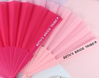 Personalised Pink Hand Fan, Bride Tribe Fan, Hen Party Favours for Hen Do Abroad, Summer Beach Themed, Destination Wedding - Custom Name